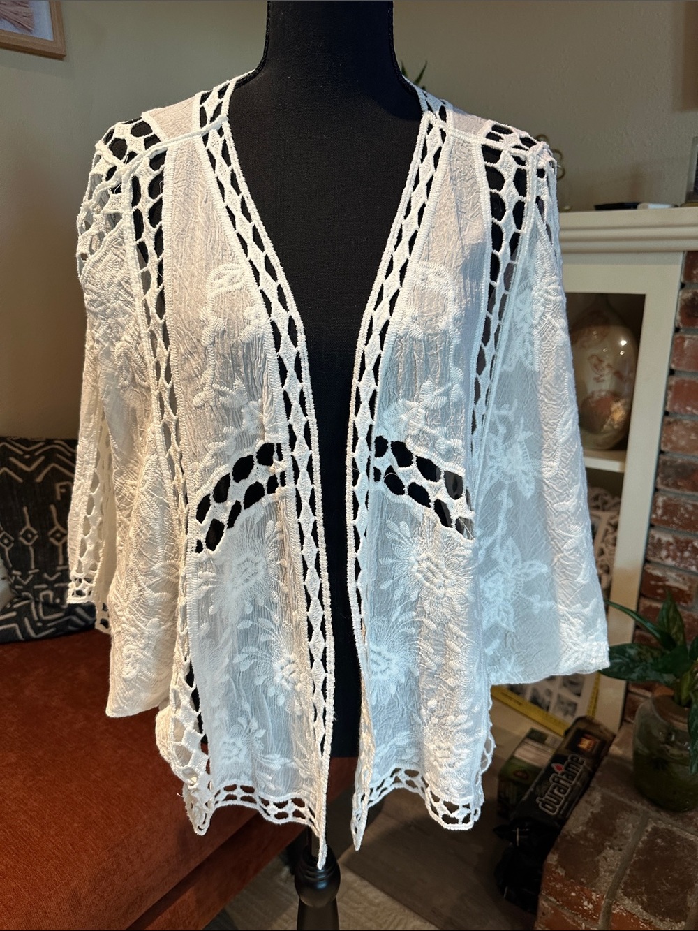 Rachel Zoe White Crochet Lace Open-Front Cape Jacket